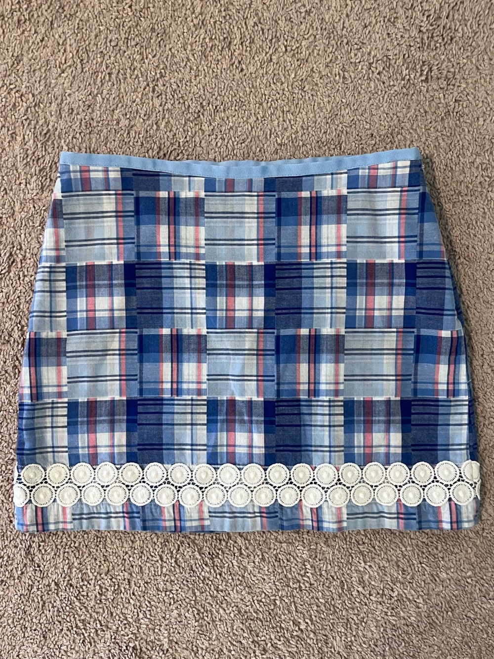 Vineyard Vines Blue Plaid Mini Skirt with White Lace Trim